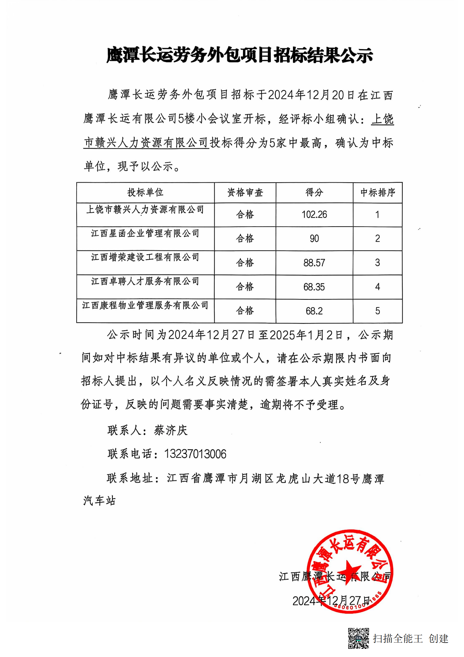 鷹潭長運(yùn)勞務(wù)外包項(xiàng)目招標(biāo)結(jié)果公示20241227